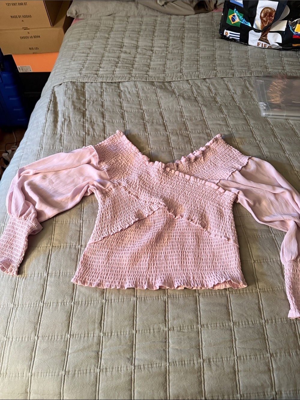 BB Dakota Pink Smocked Off-Shoulder Blouse with Bishop Sleeves